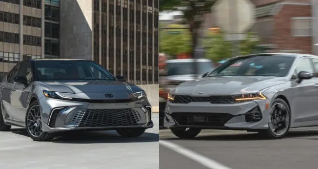 مقایسه تصویری تویوتا کمری هیبریدی با کیا K5 توربو